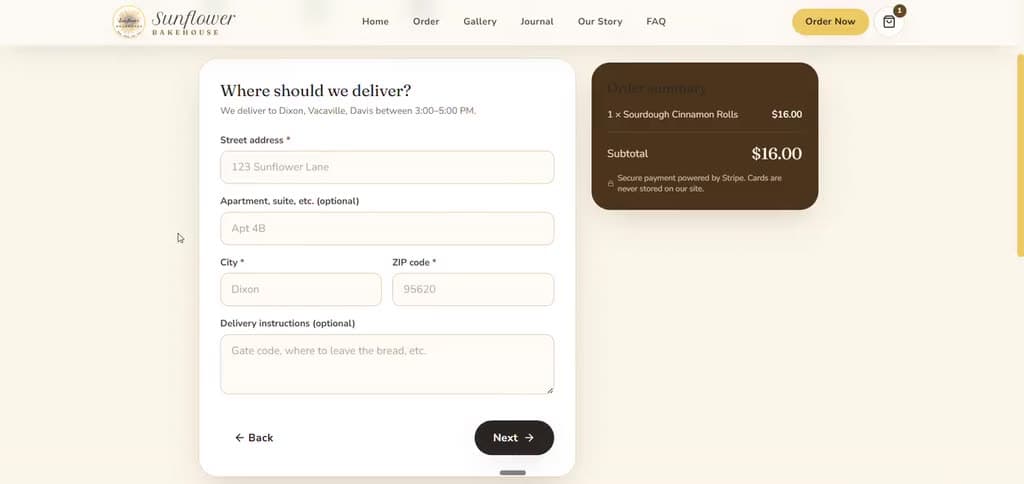 The Sunflower Bakehouse website: placing an order and checking out