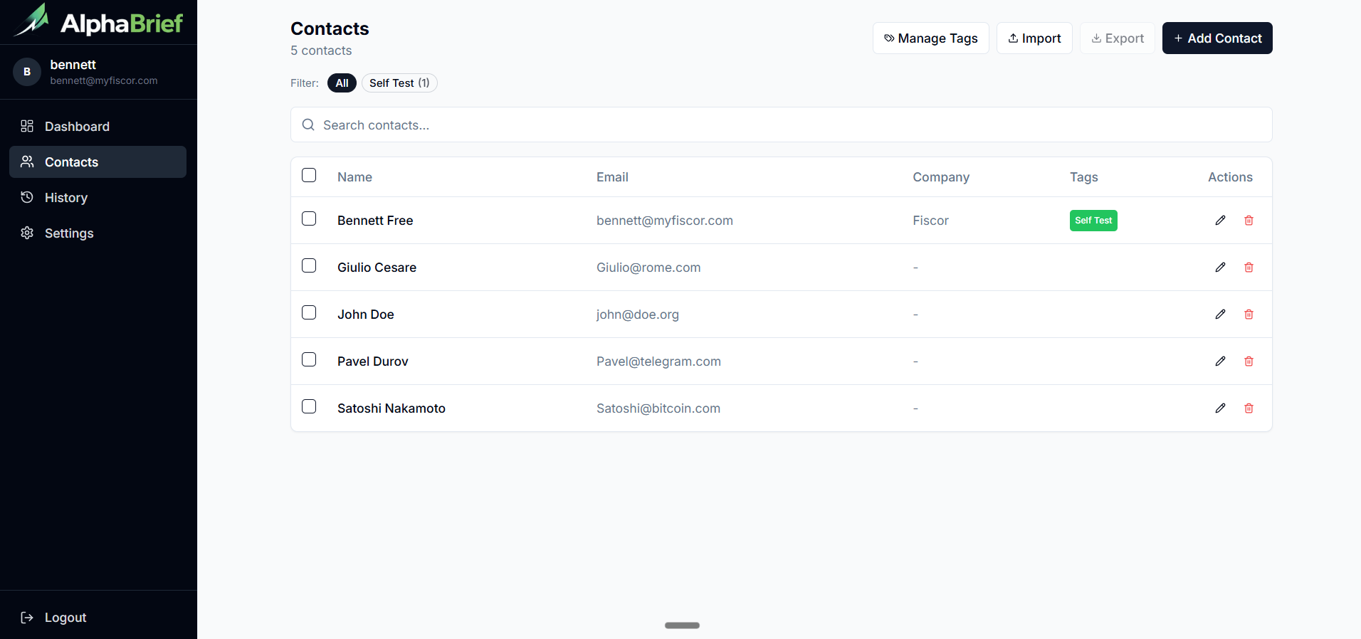 The AlphaBrief contact list with names, emails, companies, and tags