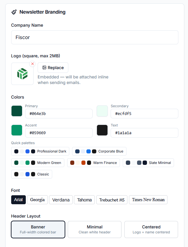 Newsletter branding settings with company name, logo, colors, fonts, and header layout