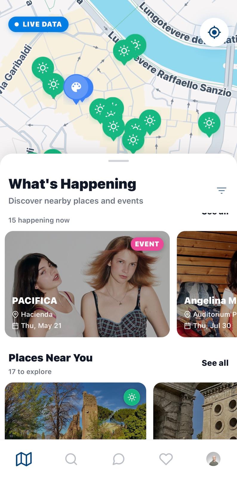 The WhatsUp map with nearby places and events, and a list of what is happening now